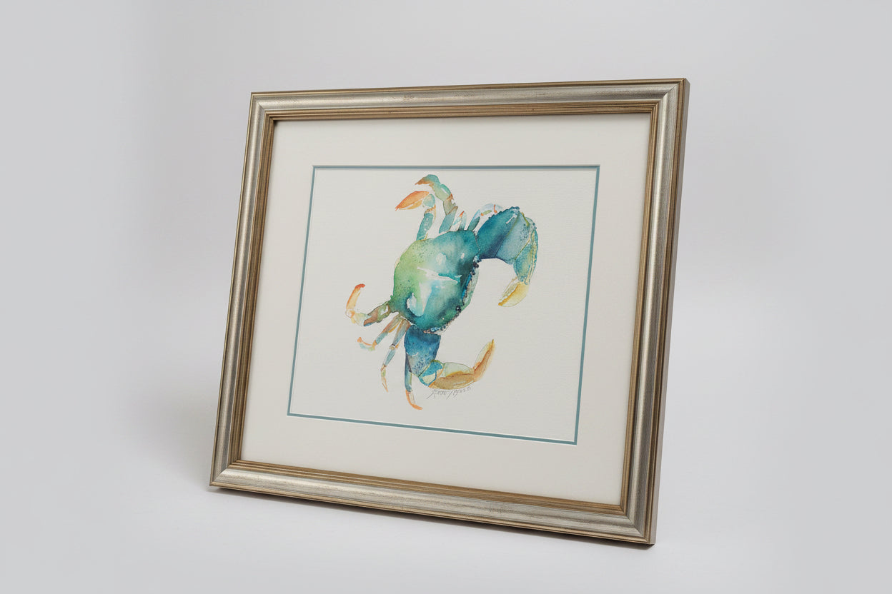 SOLD Framed A3 Saltwater Drift- Green Crab Original Watercolor Art Print