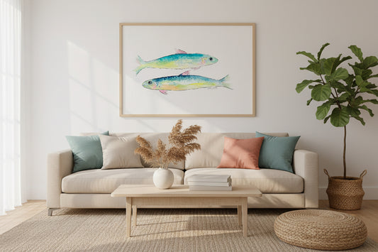Green Blue Tide Fish Watercolor Art Print