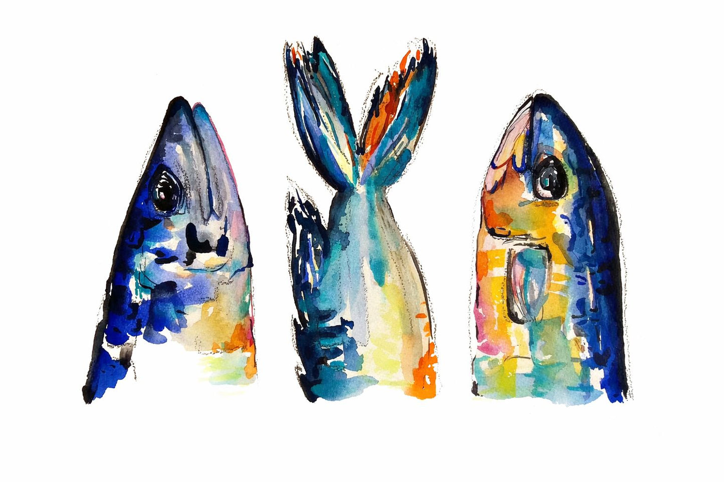 Blue Catch Trio Ocean Watercolor Art Print